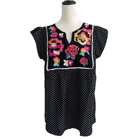 Savanna Jane Blouse Top Womens Large  Embroidered Flutter Sleeves Boho Peasant - Picture 1 of 9